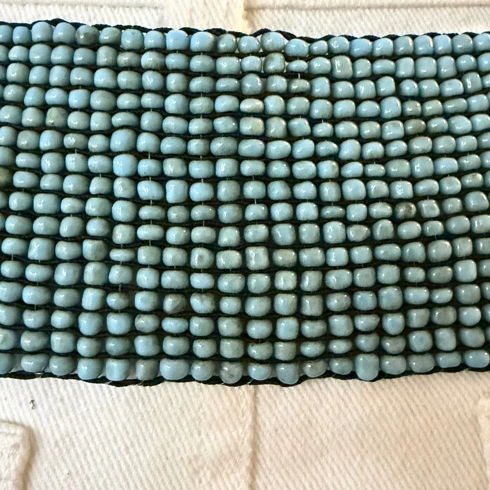 Vintage Beaded Boho Wood Buckle Waist Belt Light Blue Festival Coastal Aesthetic